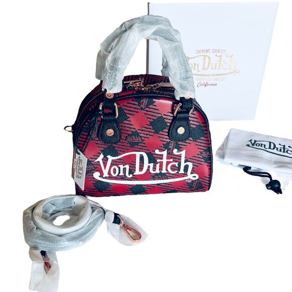 NEW Von Dutch Red & Black Plaid HANDBAG Bowling Bag Crossbody Satchel Purse NWT - Picture 1 of 15